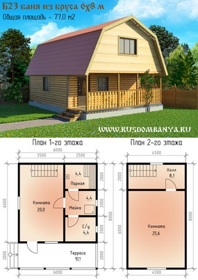 Проекты бань 6 на 8 с мансардой и террасой